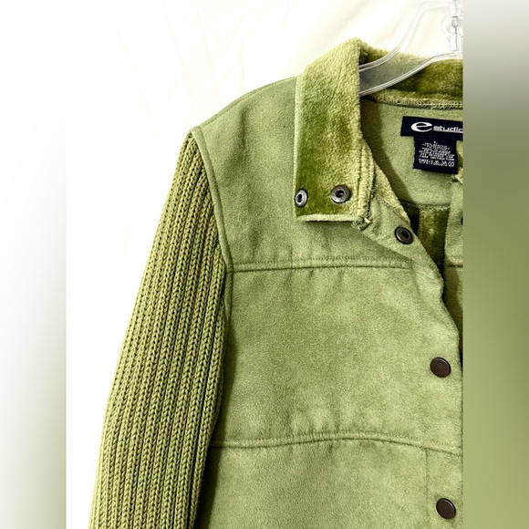 E Studio Y2K/90’s Olive Green Faux Suede Jacket With Knit Sleeves Size Large - Picture 5 of 8